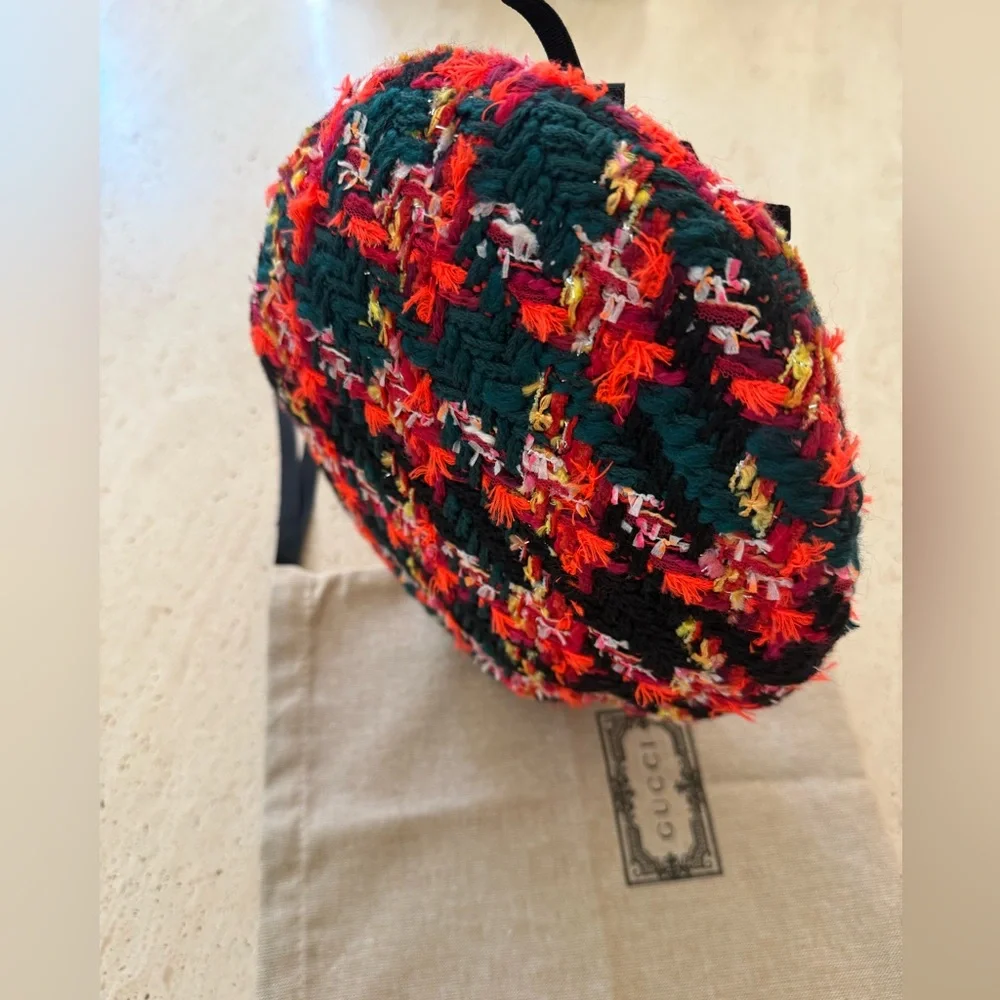 NWT GUCCI LAME BERET CAP Check Lame Sz S Multicolour Orange Tweed